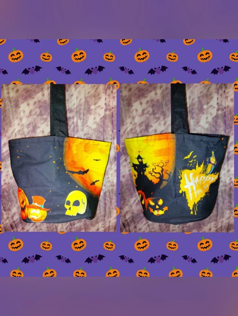 M/L Sz Blk/Multiclr Halloween Reusable Trick or Treat Fabric Bucket w/LED Lights